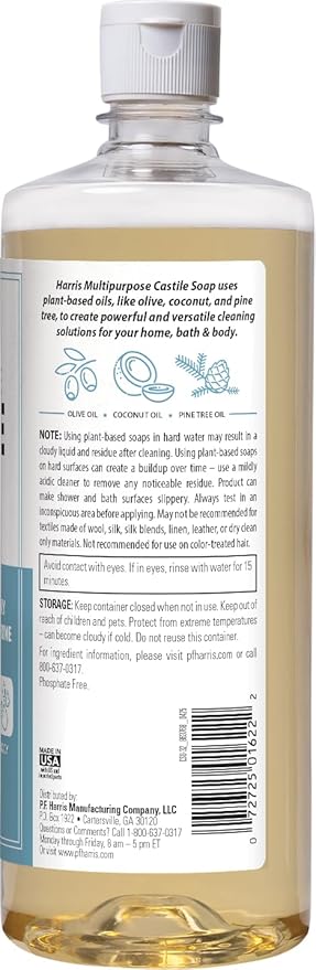 HARRIS Multi-Purpose Pure Liquid Castile Soap for Home Cleaning, Multi-Purpose Cleaner, For Dish Soap, Laundry Detergent, Kitchen and Bathroom Surfaces, Kids Rooms, Unscented, 32 Oz