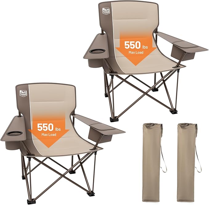 TIMBER RIDGE Oversized Folding Camping Chair for Adults, Support 550 LBS Heavy Duty with Cup Holder Side Pocket for Camp, Lawn, Picnic, Tan, 2 Pack