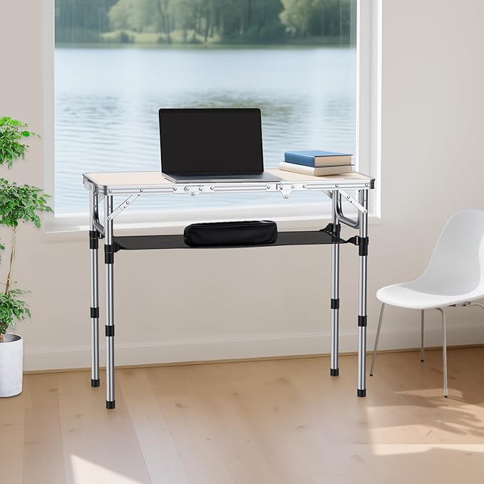 Folding Camping Table with Storage Net, 3ft Camping Table Aluminum Folding Table with 3 Adjustable Height Max 27.1 Inch, Portable, for Outdoor Backyard BBQ, Silver