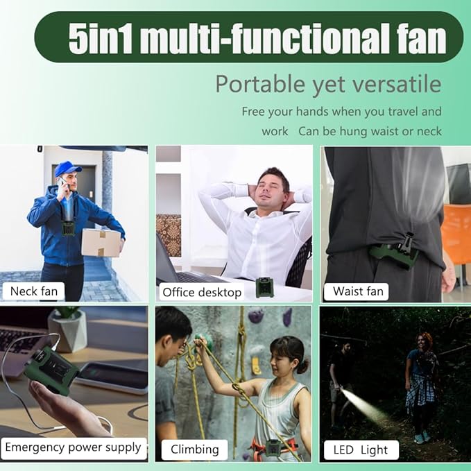 CAZOKASI Personal Fan 10000mAh Waist Portable Rechargeable Wearable Hand Free, 6-40hours Wearable Cooler Fan for Traveling Working Outdoor Office (10000mAh / Green)