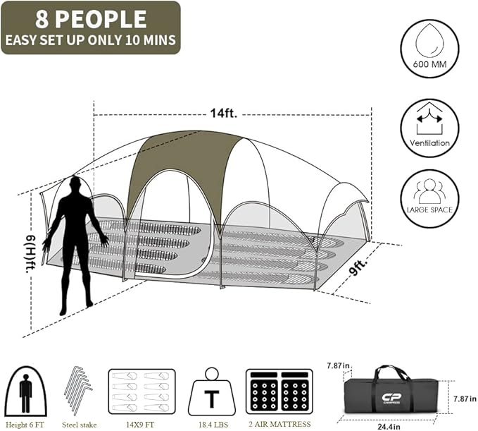 CAMPROS CP Tent 8 Person Camping Tents, Weather Resistant Family Tent, 5 Large Mesh Windows, Double Layer, Divided Curtain for Separated Room, Portable with Carry Bag