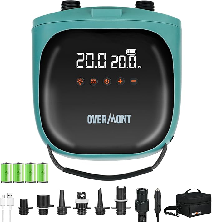 Overmont Paddle Board Pump Electric Portable, 20PSI Rechargeable SUP Air Pump with Auto-Off, Fast Dual Stage Inflation & Deflation, LCD Display, 12V Car Adapter for Inflatables, Kayaks, Boats, Tents
