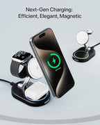 Fast Charging Station for Magsafe Apple Devices, Wireless Charger Station for MagSafe iPhones, 3 in 1 Magnetic Charger Stand for iPhone 15/14/13/12, Apple Watch & AirPods(Blk)