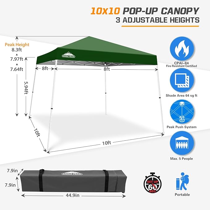 EAGLE PEAK 10x10 Slant Leg Pop-up Canopy Tent Easy One Person Setup Instant Outdoor Beach Canopy Folding Portable Sports Shelter 10x10 Base 8x8 Top (Green)