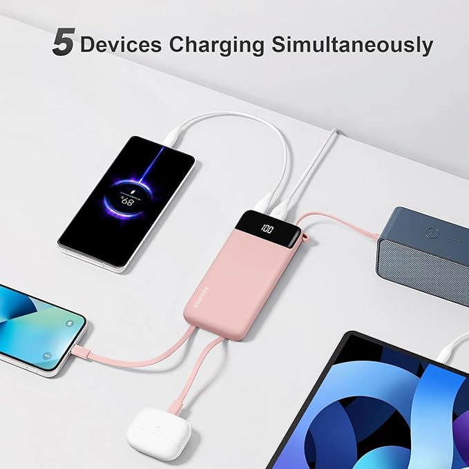 Power Bank 10000mAh Portable Charger with 4 Built-in Cables, Type-C in & Out Phone Charger, External Battery Charger Pack & Travel Essential for iPhone 16/15/14, Samsung, iPad, Android