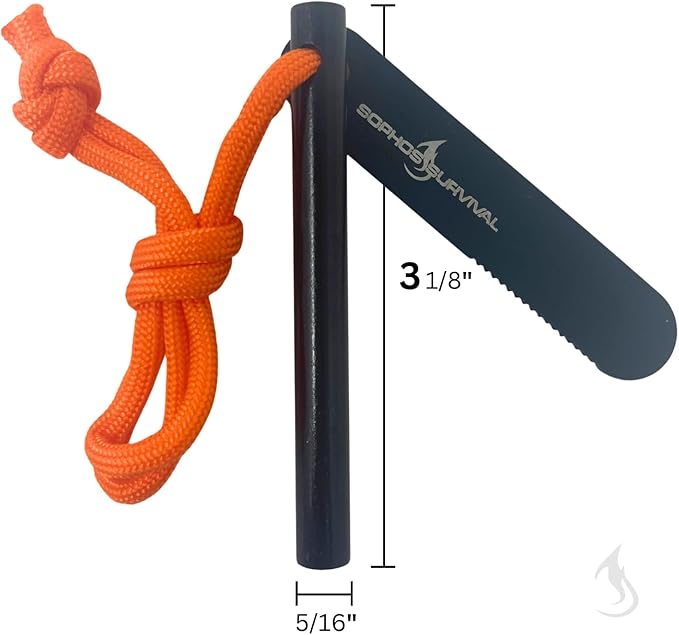 Ferro Rod Fire Starter Drilled Flint and Steel Survival Tool Kit with High Visibility Paracord Lanyard and Weatherproof Striker