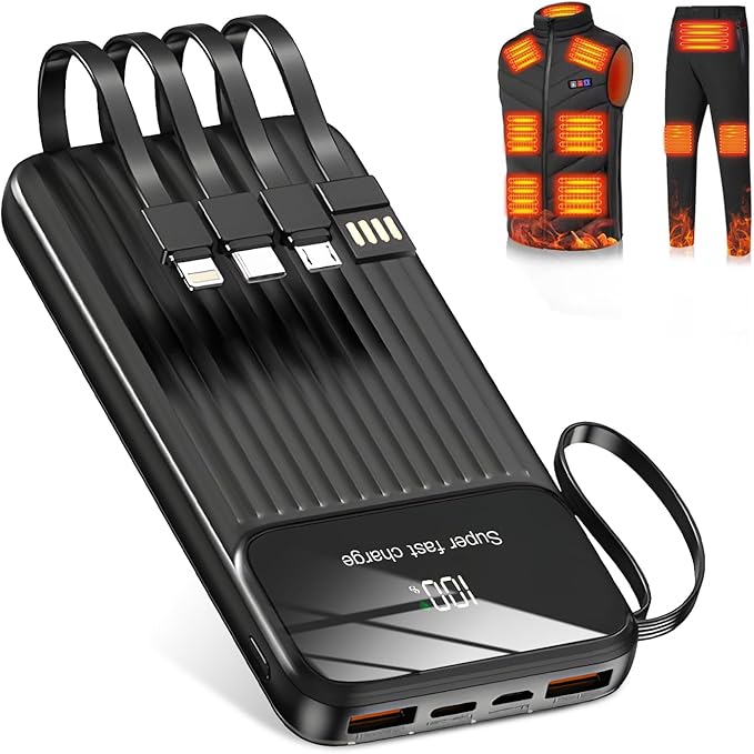 20000mAh Heated Vest Battery Pack USB 5V, Heating Vest Portable Charger USB/Type C Output Ports, Power Bank for Heated Jacket, LED Display Battery Pack for Heated Vest