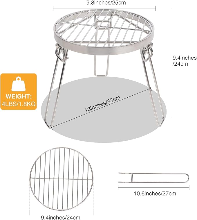 Lineslife Folding Campfire Tripod for Cooking, Portable Camping Tripod Stand with Grill Grate for Solo Stove Bonfire Fire Pit, Dutch Oven, Open Fire, Stainless Steel