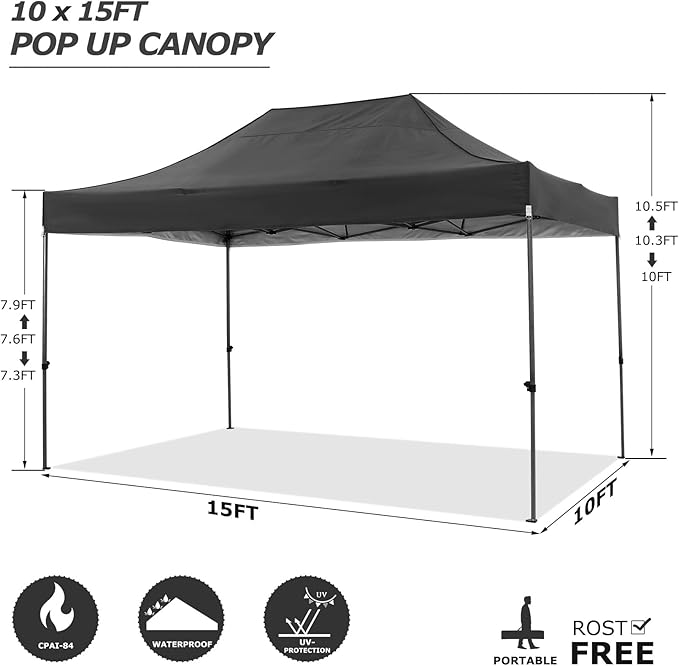 COBIZI 10x15 Pop up Canopy Tent 10x15 Canopy with 4 Sidewalls Waterproof Heavy Duty Commercial Canopy Tent for Parties Outdoor Tent Garden Gazebo Tent, Carry Bag(10x15ft, Black)