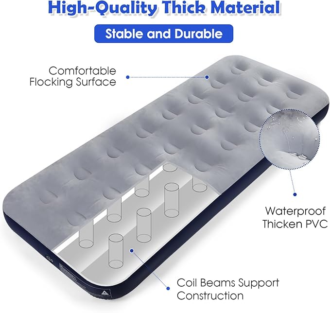 Camping Air Mattress Inflatable Air Bed Flocked Surface Travel Bed Sleeping Pad Air Bed for Outdoor Camping Tent Guest Travelling（Navy Blue ）