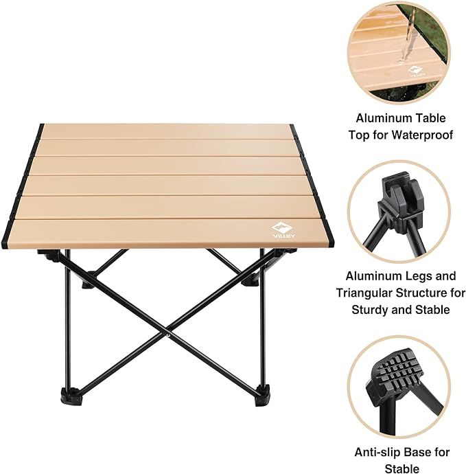 VILLEY Portable Camping Side Table, Ultralight Aluminum Folding Beach Table with Carry Bag for Outdoor Cooking, Picnic, Camp, Boat, Travel