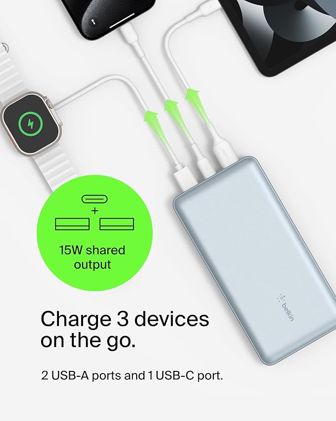 Belkin Portable Charger, USB-C Power Bank 20000 mAh w/ 2 USB-A Ports, 15W w/Type-A to Type-C Cable for iPhone 17, Air, Samsung Galaxy S25, iPad, Nintendo Switch 2, Google Pixel 10, etc. - Pearl Blue