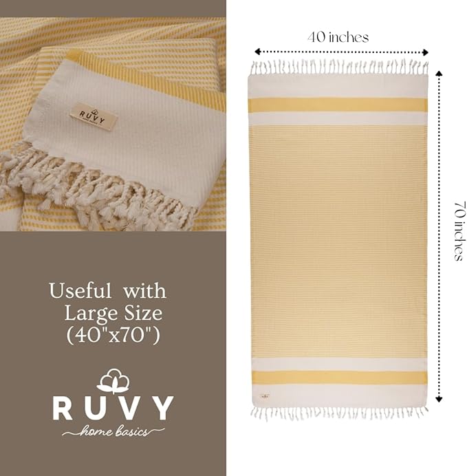Ruvy Home Basics 2 Pack Turkish Beach Towels – Oversized Quick-Dry Bath Towels (40 x 72 Inches) – 100% Cotton Large Towels for Pool, Yoga, Travel, Camping Essentials, and Bathroom Decor - Yellow
