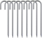 Rebar Stakes 16 inch, 3/8" Diameter Heavy Duty J Hook Stakes 8 Pack, Galvanized Anti-Rust Ground Anchor Long Tent Stakes for Dog Fence Trompoline Swing Set