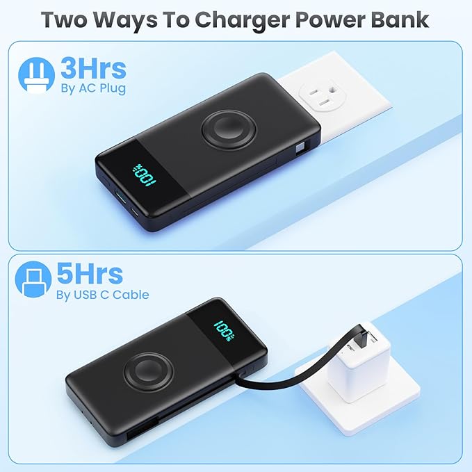 Portable Charger for iPhone with Built in Cables & Wall Plug,6-in-1 10800mah Power Bank with iWatch Charger, QC4.0+25W PD Fast Charging LCD Display Battery Pack for iPhone 16/15/14,Android
