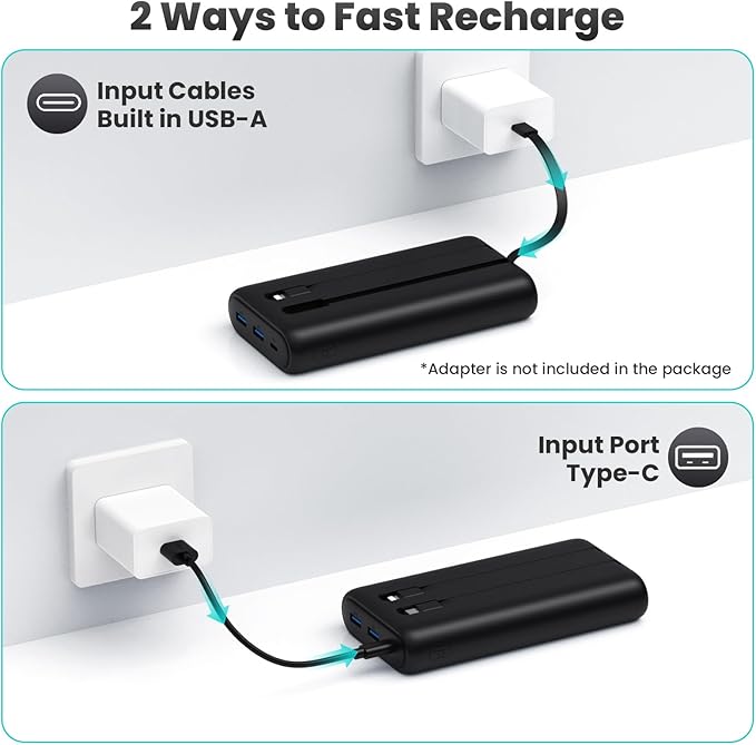Portable Charger 40,800mAh Power Bank 25W Portable Battery Pack with 2 Built in Cables [2024 Upgraded], PD QC4.0 Fast Charging Portable Phone Charger Compatible with iPhone 16/15,Android Samsung-Black
