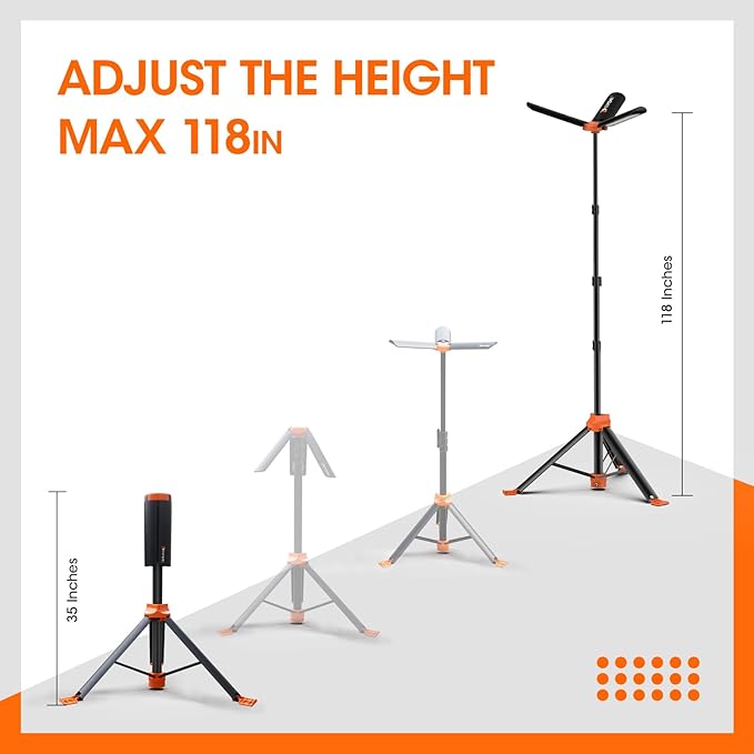 Camping Light, Large Area Lighting Floodlight, Max 118In Tall, 20000 Lumens, Suitable for Outdoor Activities, Telescopic Light with Tripod Work Light
