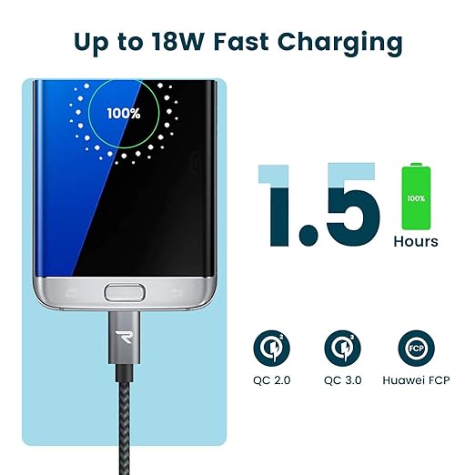 RAMPOW Micro USB Cable [2 Pack/3.3ft] QC 3.0 Fast Charging & Sync Android Charger, Braided Nylon Micro USB Cables for Samsung Galaxy S7/S6 and Edge, Note 6/5, Sony, Kindle, PS4 - Space Gray