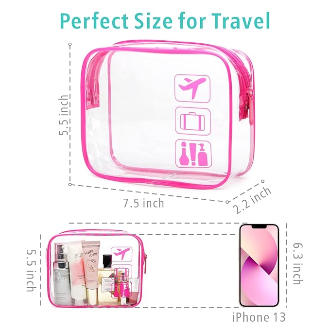 F-color TSA Approved Toiletry Bag 5 Pack Medium - Clear Makeup Bag Travel Quart Size for Women Men, Clear Cosmetic Bag Airport Airline Compliant Carry on Bag, 7.5×5.5×2.2", 5 Colors