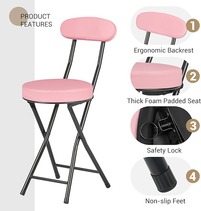 Cushioned Padded Folding Stools, Folding Bar Stool with Backrest, 220lb Capacity, 19 Inch Collapsible Round Portable Foldable Chair for Outdoor Indoor Kitchen Camping Fishing(Pink, 2 Pack)