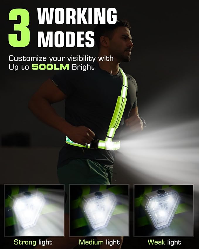 Zacro Reflective Running Vest with 9 RGB Modes, 500LM High Visibility Chest Light for Runners, Rechargeable Light Up Running Gear for Night Safety Cycling Hiking Dog Walking Adjustable for Men Women
