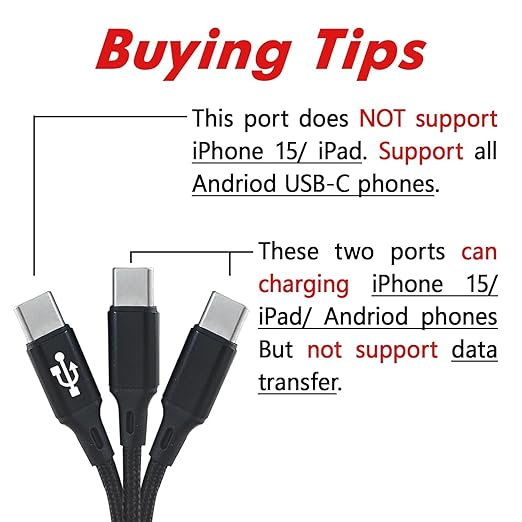 Multi USB C Cable 4FT, 3 in 1 Multiple Type C Charging,3A Splitter USB-C Charging, Black Nylon Cord,USB C to 3 USB C Port, Compatible with iPhone 15,iPad Pro/Air,Samsung S24,Google,Android,Kindle fire