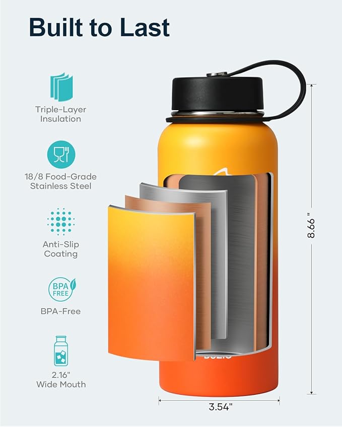 BUZIO 32oz Insulated Water Bottle, Triple Wall Vacuum Stainless Steel Water Flask with Straw Lid, BPA-Free Leakproof Sports Canteen for Sports Hiking, Cold 48H & Hot 24H- Yellow Orange