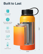 BUZIO 32oz Insulated Water Bottle, Triple Wall Vacuum Stainless Steel Water Flask with Straw Lid, BPA-Free Leakproof Sports Canteen for Sports Hiking, Cold 48H & Hot 24H- Yellow Orange