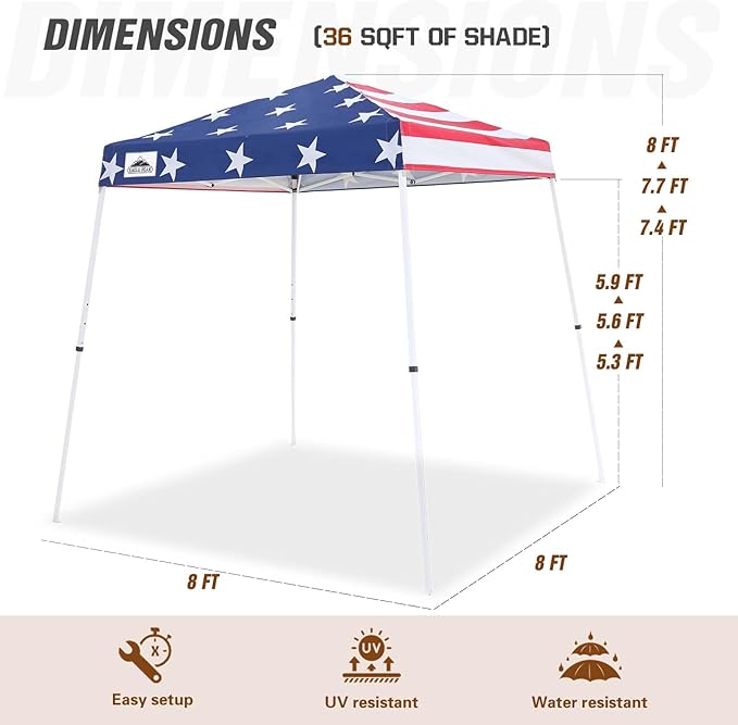EAGLE PEAK 8x8 Slant Leg Pop-up Canopy Tent Easy One Person Setup Instant Outdoor Beach Canopy Folding Portable Sports Shelter 8x8 Base 6x6 Top (American Flag)