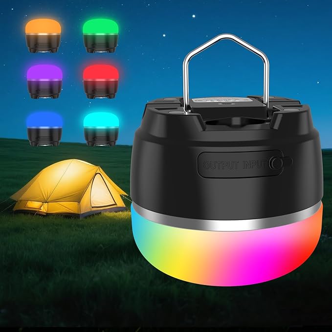 LED Camping Lantern Rechargeable, 1000LM Tent Light with 12 RGB Lighting Modes, 8000mAh Power Bank, Waterproof, Mini Flashlight with Magnetic Base for Emergency, Power Outages, Hiking, Home