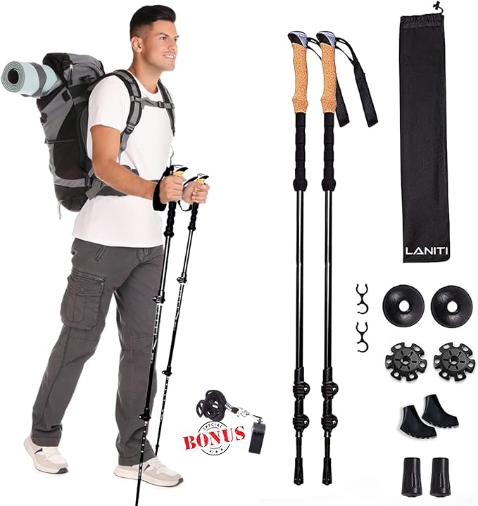 Laniti Nordic Walking Sticks – Adjustable Hiking Poles Expandable to 54" – Lightweight Trekking Poles with 10 Tips – Shock-Absorbing Carbon Fiber & Aluminum – for Men, Women