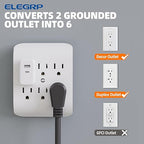 ELEGRP 6-Outlet Extender with Central Anchor, 3-Prong Grounded Wall Tab, Multiple Outlet Extender with 6 Electrical Outlets, ETL Listed, 1 Packs, White