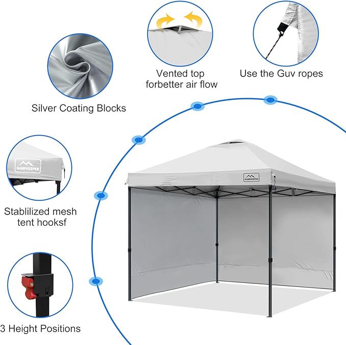 KAMPKEEPER 10x10 Pop Up Canopy Tent with 2 Sidewalls, Beach Tent - Easy Outdoor Sun Shade for Events, Parties, Camping - Gazebo with 4 Weight Bags & Carry Bag.（White）