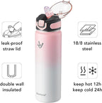 Enerbone 24 oz Insulated Water Bottle, Stainless Steel Bottle with Carrying Strap, Double-Wall Vacuum Insulation Design, Leakproof Sports Bottle with Straw, Keep Drinks Cold or Hot for Hours