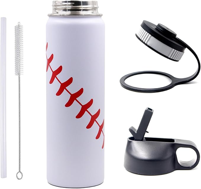 22 oz Baseball Water Bottle, Sports Cup Flask Metal Travel Mug with 2 Lids, Stainless Steel Double Wall Vacuum Insulated Leak Proof Water Bottles, Baseball Accessories Gifts for Mom Men Fan Boys Girls
