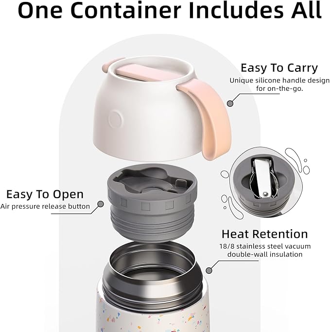 Thermo for Hot Food for Adults Kids | Wide Mouth, 26 oz Insulated Food Jar with Spoon, Leakproof Soup Thermo for School Office Travel, Thermal Steel Lunch Container Easy to Carry (White)