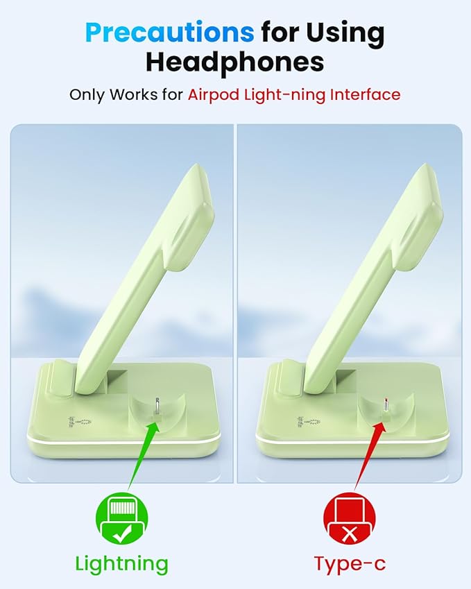 WAITIEE Wireless Charger 3 in 1 Charging Station for for iPhone 16 15 14 13 12 11 X 8 & for Apple Watch, for AirPods 1/2/3/Pro/Pro 2 with Lightning Charging Case(Green)