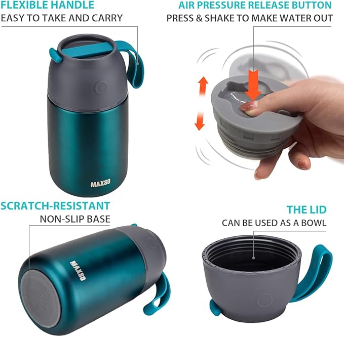 MAXSO Soup Thermo for Hot & Cold Food for Adults Kids, 17 oz Vacuum Insulated Steel Lunch Container Bento Box with Spoon, Leakproof Thermal Food Jar for School Office Travel - Green