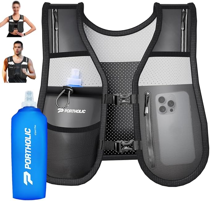 PORTHOLIC Running Vest for Women Men with 17oz Water Bottle |Adjustable Hydration Vest|Reflective |Lightweight |6 Pockets |Breathablefor Running Accessories for Hiking