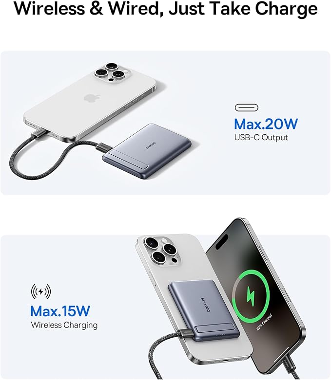 Baseus Picogo Power Bank, Smallest Qi2 Certified 15W MagSafe Portable Charger, 0.5" Ultra Slim 5000mAh Magnetic Battery Pack with Stand, Alloy Wireless Charger for iPhone 17 Pro Max/17 Air/16 Series