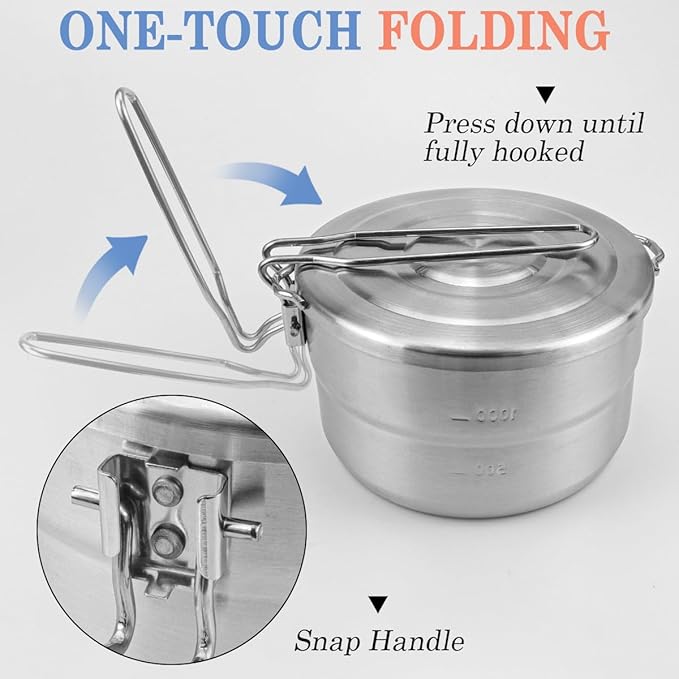 DOERDO Stainless Steel Camping Cook Pot with Lid and Folding Handle, 1.5L Camping Cookware Large Capacity Bento Pot for Outdoor Hiking Picnic