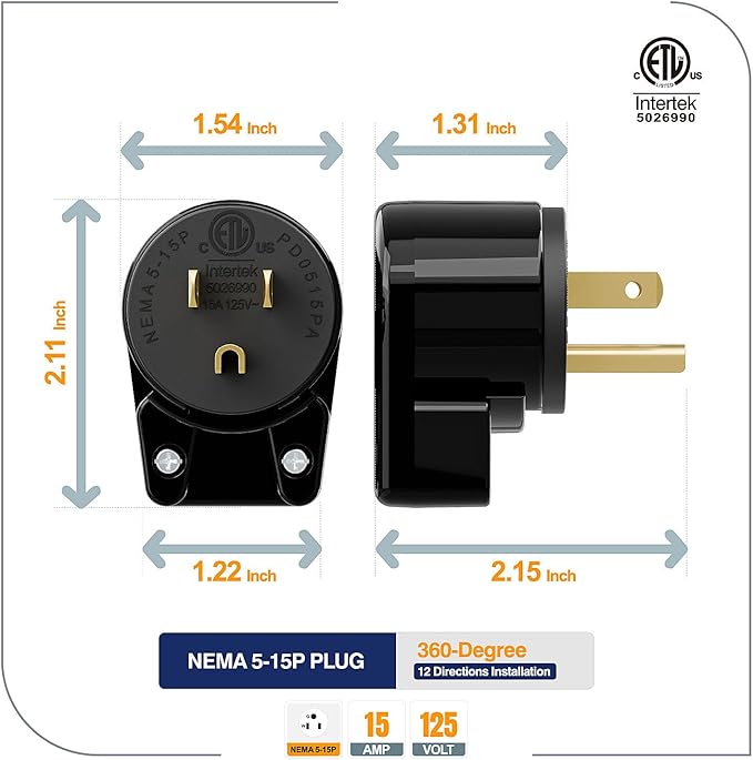 (5PACK) ETL Listed 90 Degree USA Canada Male Plug Nema 5-15P 3 Pole Angle DIY Plug, 15A 125V USA 3Pin Right Angle AC Plug