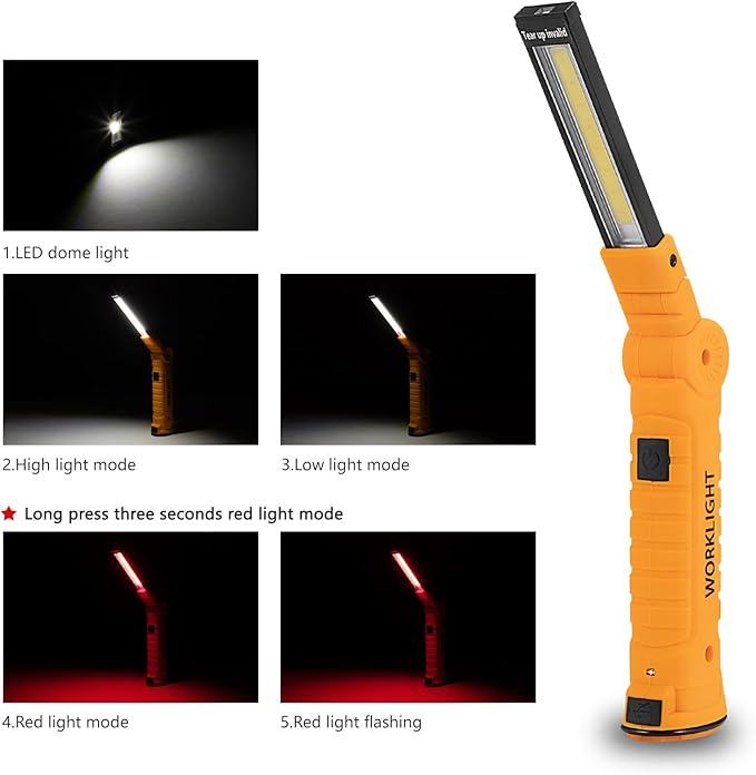 3 Pack Rechargeable LED Work Lights with Magnetic Base and 360° Rotation, 5 Modes for BBQ, Camping, Reading, and Car Repair