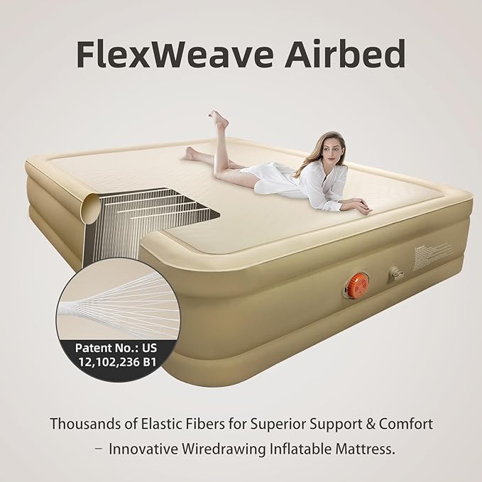 Queen Air Mattress with USB Rechargeable Built-in Pump, Wireless Inflatable Airbed, FlexWeave Tech for 1100 lbs Ultra Firm Support, Portable for Home & Camping, Leak Proof Design, Carry Bag