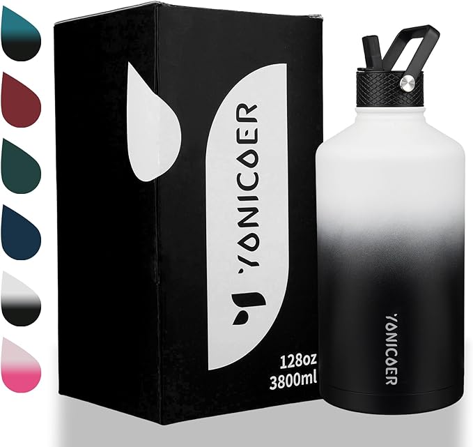 Insulated Water Bottle 128oz,Triple Wall Vacuum Stainless Steel(Dishwasher Safe),Leak Proof & Non-BPA,Flask Jug with Paracord Handle & Straw Spout Lids Sports Gradient black