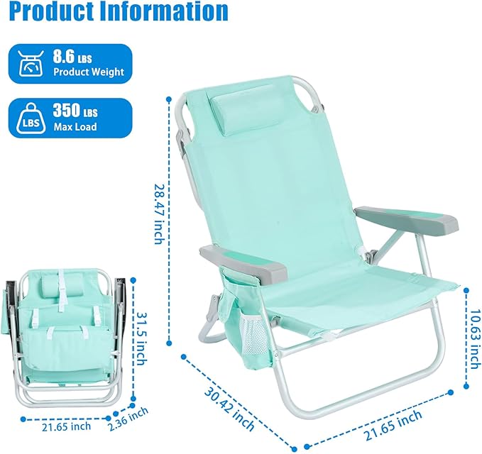 SUNNYFEEL Low Beach Chair, 5-Position Lay Flat Reclining, Backpack Portable Folding Chair with Cooler Bag & Cup Holder, Heavy Duty 350 LBS, Compact for Beach, Camping, Travel