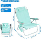 SUNNYFEEL Low Beach Chair, 5-Position Lay Flat Reclining, Backpack Portable Folding Chair with Cooler Bag & Cup Holder, Heavy Duty 350 LBS, Compact for Beach, Camping, Travel