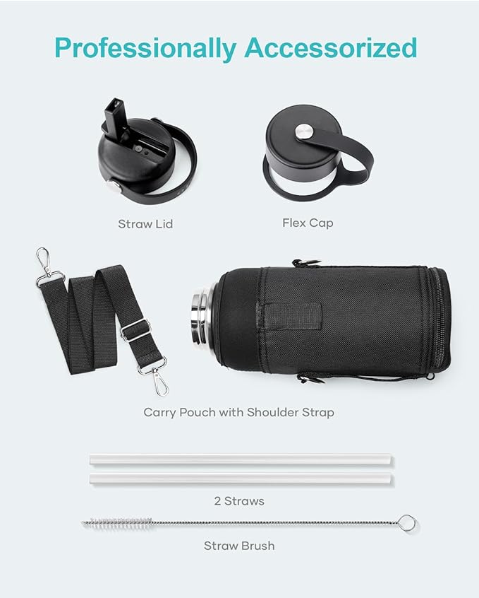 BUZIO Insulated Water Bottle with Straw Lid and Flex Cap, 32oz Double Wall Vacuum Stainless Steel Thermo with Wide Mouth Lid, Cold 48 Hrs Hot 24 Hrs Sweat Proof Flask, Rose and Green