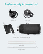 BUZIO Insulated Water Bottle with Straw Lid and Flex Cap, 32oz Double Wall Vacuum Stainless Steel Thermo with Wide Mouth Lid, Cold 48 Hrs Hot 24 Hrs Sweat Proof Flask, Rose and Green