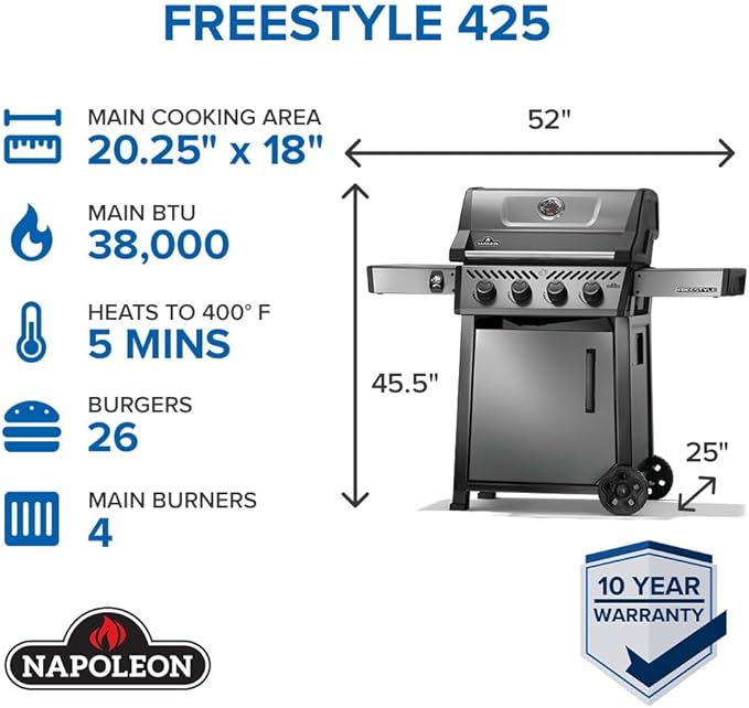 Napoleon Freestyle 425 Natural Gas Outdoor Grill, Graphite Grey – High-Performance 4-Burner BBQ with Stainless Steel Grates